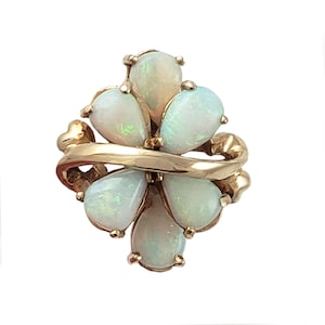 Unique Opal Cluster Ring in 14K Gold - 6 Teardrop Stones - Size 6.75