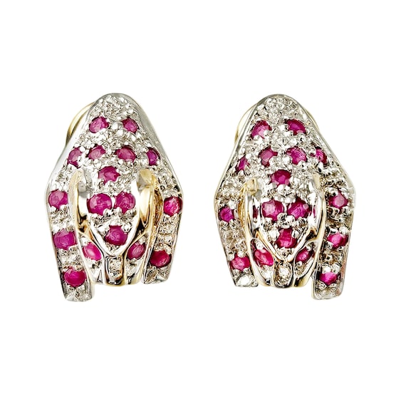 14K Gold Ruby Diamond Panther Earrings: Two-Tone … - image 1