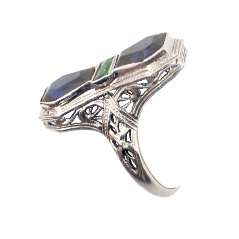 Art Deco Pinky Ring 14K White Gold Simulated Sapphires & Etsy