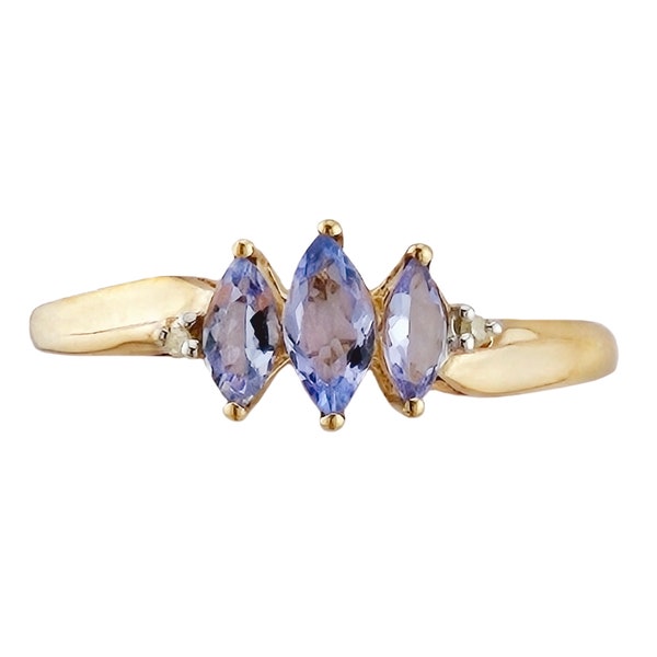 Pretty Pastel Iolite Gemstone Ring in 10K Gold - 3 Marquise Stones with Diamond Accents - Size 7.25