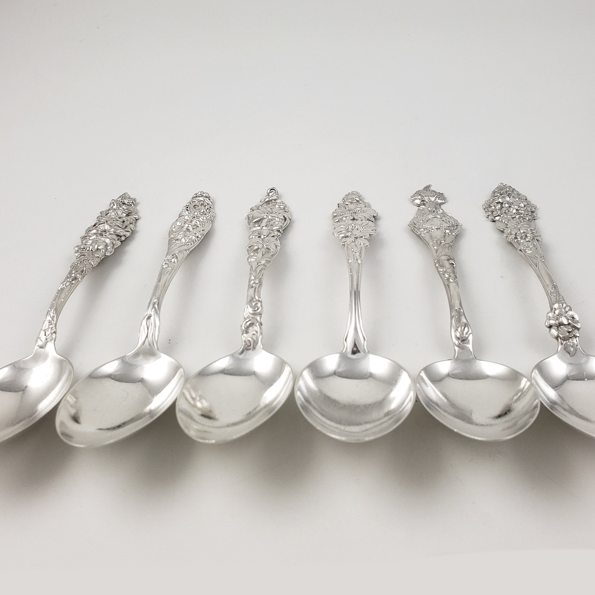 Set of 6 Antique Sterling Silver Spoons - Alvin 1900 Floral Series