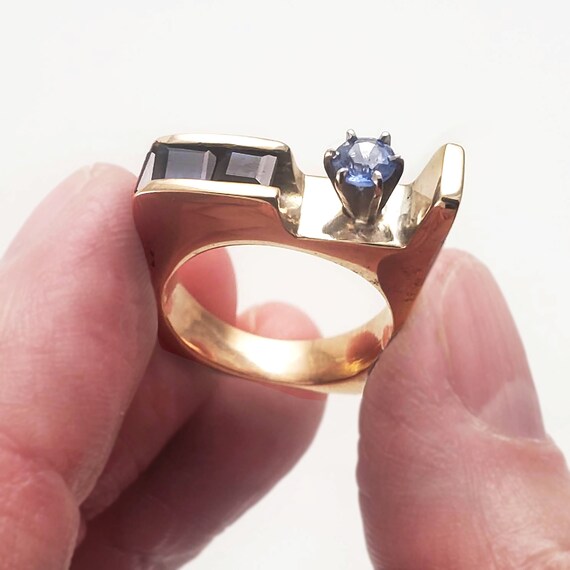 Modernist 14K Gold & Sapphire Ring • Unique Handc… - image 8