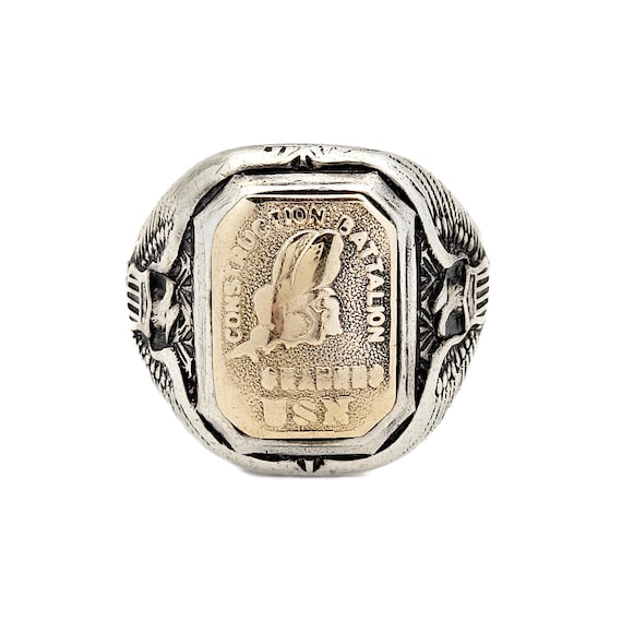 Vintage Seabees Ring: Sterling Silver & 10K Gold US Navy WWII Era