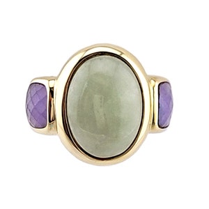 Pretty Pastel Jade Ring in Solid 14K Gold - Light Green and Lavender Gemstones - Size 7
