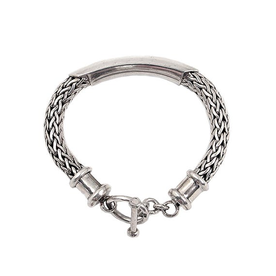Sterling Silver Byzantine Bracelet: Heavy Braided Wire, Polished Placard, 6.5"