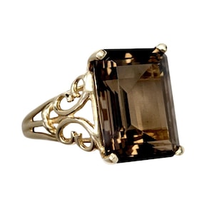 Estate Smoky Quartz Ring in 14K Gold - Large Emerald Cut Gemstone - Size 8.5
