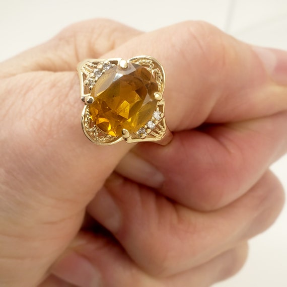 14K Gold and Citrine Ring with Diamonds - Filigre… - image 4