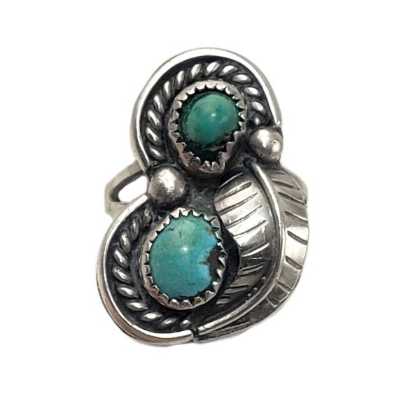 Silver and Double Turquoise Ring Signed E Ration … - image 1