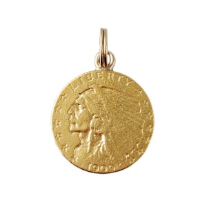 1909 Gold Coin Pendant - 2.50 Indian in 900 Gold with Bail - 1&quot; Tall