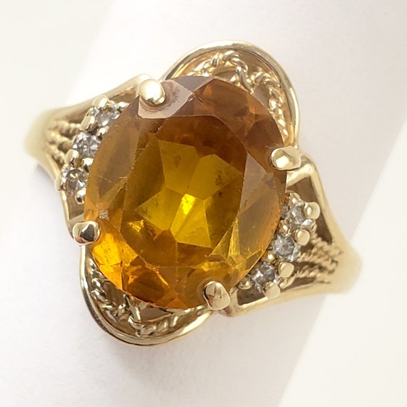 14K Gold and Citrine Ring with Diamonds - Filigre… - image 2