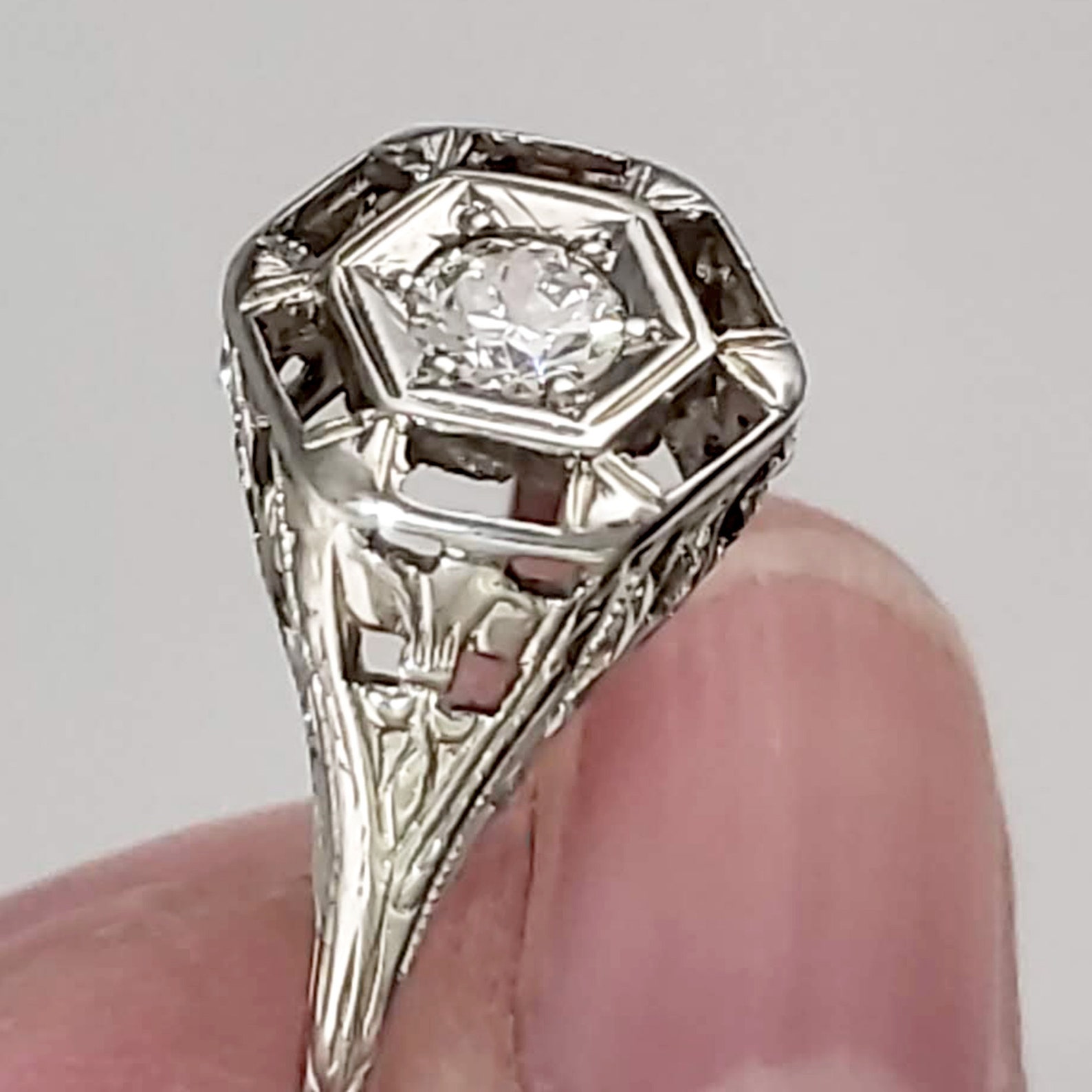 Art Deco 18K White Gold & Diamond Ring 1/4 ct. Diamond in Etsy