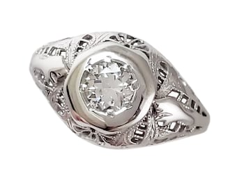 Antique Edwardian 14K White Gold Diamond Filigree Ring - Size 5.25