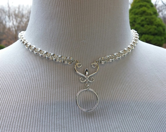 925 Sterling Silver Discreet Symbolic O Ring Day Collar Necklace with Fleur De Lis, BDSM Day Collar