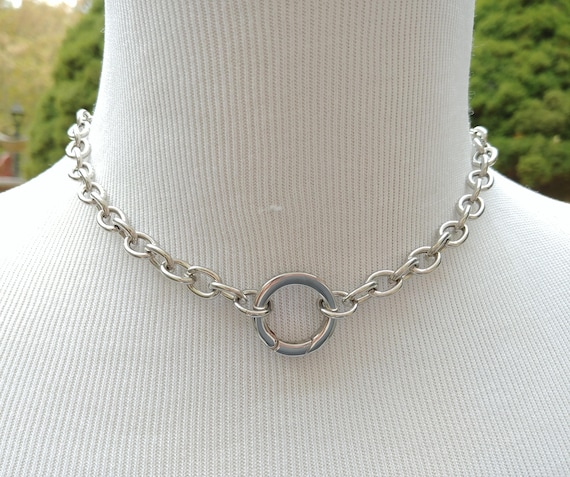 24/7 Wear Discreet Symbolic O Ring Day Collar, BDSM Submissive Slave Collar, Stainless Steel Large Link Cable Chain and Push Gate Clasp