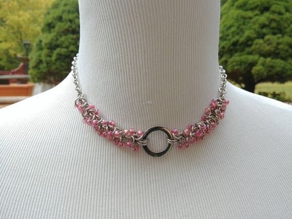 24/7 Wear Discreet Symbolic O Ring Day Collar Necklace, Submissive Slave Collar, DDLG, Stainless Steel with Pink Beaded Shaggy Loops
