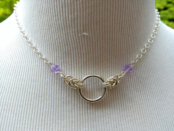 925 Sterling Silver Discreet Symbolic O Ring Necklace, BDSM Submissive Day Collar, DDLG, Eternal Love, Swarovski Crystal Color Options