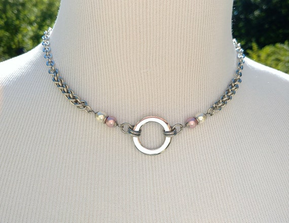 24/7 Wear Discreet Symbolic O Ring Day Collar Necklace with Swarovski Crystal Pearls, BDSM Submissive Slave Collar, DDLG, Baby Girl Collar