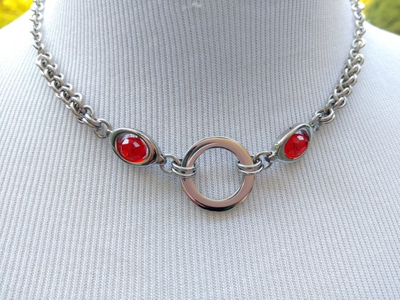 24/7 Wear Discreet Symbolic O Ring Day Collar Necklace, BDSM Submissive Slave Collar, Stainless Steel Chain/Maille Collar Cherry Red Bead