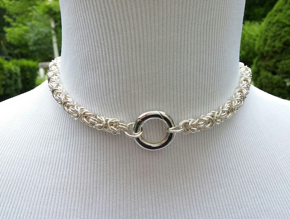 925 Sterling Silver Discreet Symbolic O Ring or Heart Day Collar, Byzantine Chainmaille BDSM Submissive Slave Collar, DDLG