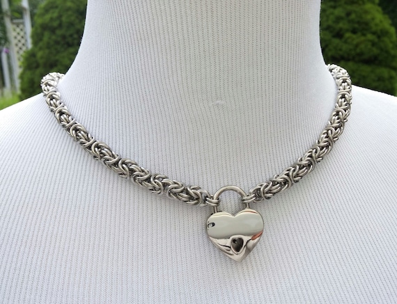 BDSM Discreet Day Collar, Submissive Locking Slave Collar, DDLG, Stainless Steel Chainmaille with Small Heart Shaped Nickel Padlock