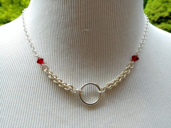 925 Sterling Silver Discreet Symbolic O Ring Necklace, BDSM Submissive Day Collar, DDLG, Eternal Love, Swarovski Crystal Color Options