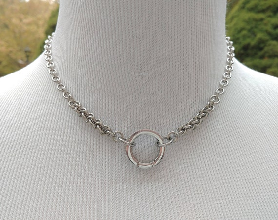 24/7 Wear Discreet Symbolic O Ring Day Collar, BDSM Submissive Slave Collar, Stainless Steel Chain/Maille and Stainless Push Gate Ring Clasp