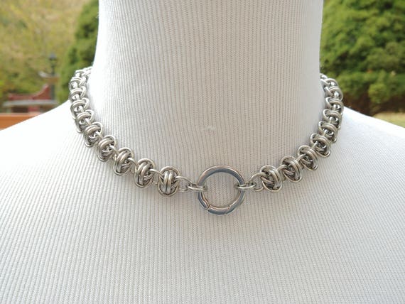 24/7 Wear Discreet Symbolic O Ring Day Collar, Submissive Slave Collar, DDLG, Stainless Stainless Steel Chainmaille and O Ring Clasp
