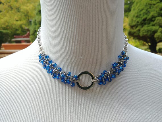 24/7 Wear Discreet Symbolic O Ring Day Collar Necklace, Submissive Slave Collar, DDLG, Stainless Steel with Blue Beaded Shaggy Loops
