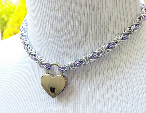 BDSM Discreet Day Collar, Submissive Locking Slave Collar, DDLG, Chainmaille Collar with Color Options, Small Heart Shaped Nickel Padlock