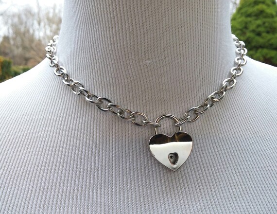 BDSM Slave Collar, Stainless Steel Discreet Locking Day Collar, Large Link Cable Chain Collar with Small Heart Shaped Nickel Padlock