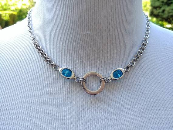 24/7 Wear Discreet Symbolic O Ring Day Collar Necklace, BDSM Submissive Slave Collar, Stainless Steel Chain/Maille Collar Aqua Glass Beads