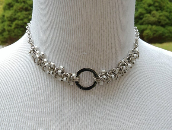 24/7 Wear Discreet Symbolic O Ring Day Collar Necklace, Submissive Slave Collar, DDLG, Stainless Steel with Clear Frost Beaded Shaggy Loops