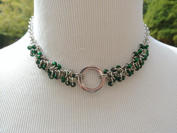 24/7 Wear Discreet Symbolic O Ring Day Collar Necklace, Submissive Slave Collar, DDLG, Stainless Steel with Emerald Green Bead Shaggy Loops