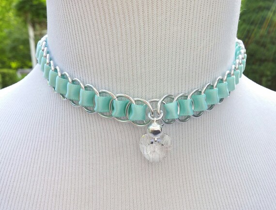 Discreet Ribbon Maille Submissive Day Collar with Swarovski Crystal Heart Pendant and Bell, DDLG, Baby Girl, Many colors available