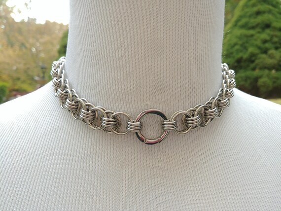 24/7 Wear BDSM Discreet Day Collar, Submissive Slave Collar, DDLG, Stainless Stainless Steel Chainmaille and Non-Locking Push Gate Clasp