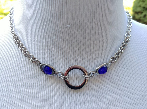 24/7 Wear Discreet Symbolic O Ring Day Collar Necklace, BDSM Submissive Slave Collar, Stainless Steel Chain/Maille Collar Cobalt Blue Beads