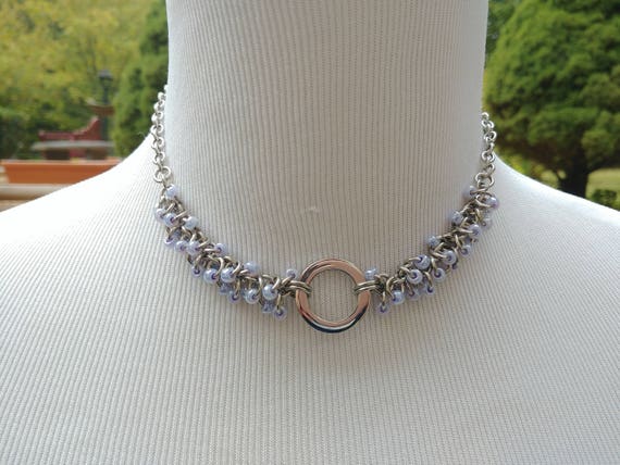 24/7 Wear Discreet Symbolic O Ring Day Collar Necklace, Submissive Slave Collar, DDLG, Stainless Steel with Lavender Beaded Shaggy Loops