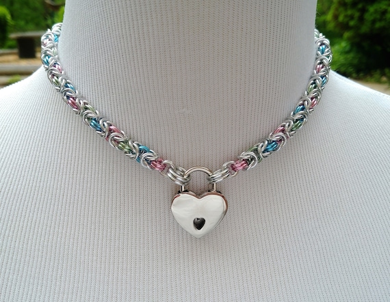 BDSM Discreet Day Collar, Submissive Locking Slave Collar, DDLG, MultiColor Chainmaille Collar Choose Your Colors, Small Heart Nickel Lock