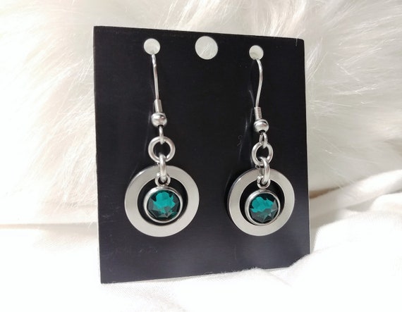 Stainless Steel Symbolic O Ring Earrings with Personalized Swarovski Birthstone Crystal, BDSM Jewelry, DDLG, Color Options Available
