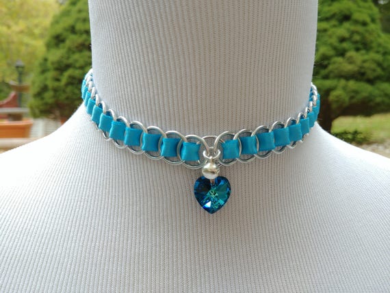 Discreet Ribbon Maille Submissive Day Collar with Swarovski Crystal Heart Pendant and Bell, DDLG, Baby Girl
