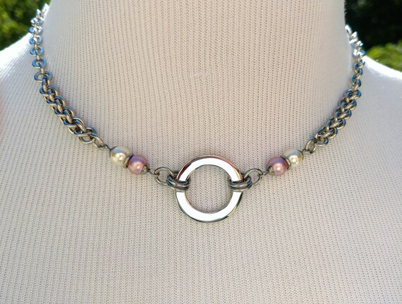 24/7 Wear Discreet Symbolic O Ring Day Collar Necklace with Swarovski Crystal Pearls, BDSM Submissive Slave Collar, DDLG, Baby Girl Collar