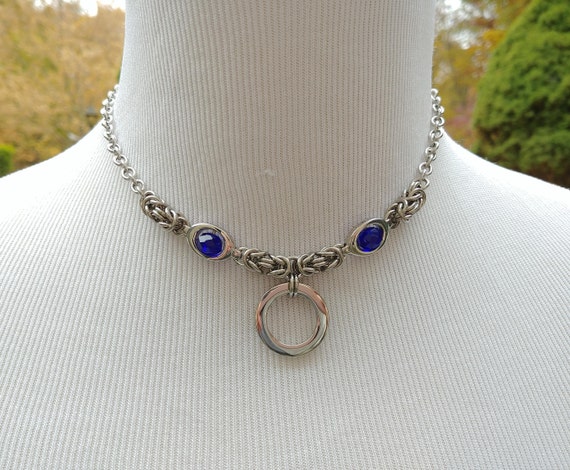 24/7 Wear Discreet Symbolic O Ring Day Collar Necklace, BDSM Submissive Slave Collar, Stainless Steel Chain/Maille Collar with Cobalt Bead