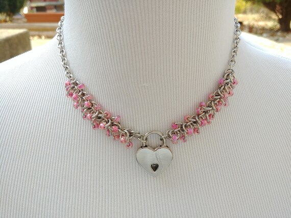 Discreet Symbolic Locking Day Collar Necklace, Submissive Slave Collar, DDLG, Stainless Steel with Color Choice Bead Shaggy Loops