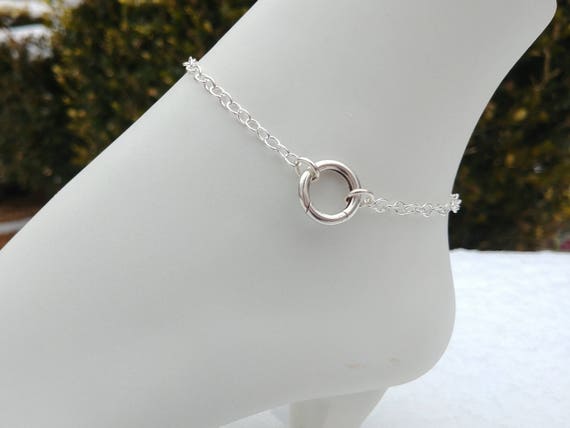 925 Sterling Silver Anklet with Push Gate O Ring Clasp, Discreet BDSM Slave Anklet