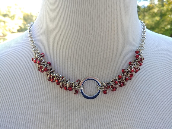 24/7 Wear Discreet Symbolic O Ring Day Collar Necklace, Submissive Slave Collar, DDLG, Stainless Steel with Garnet Red Beaded Shaggy Loops