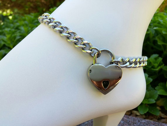 BDSM Discreet Locking Anklet, Submissive Slave Anklet, Day Collar, Ankle Collar Stainless Steel Curb Chain with Heart Shaped Nickel Padlock