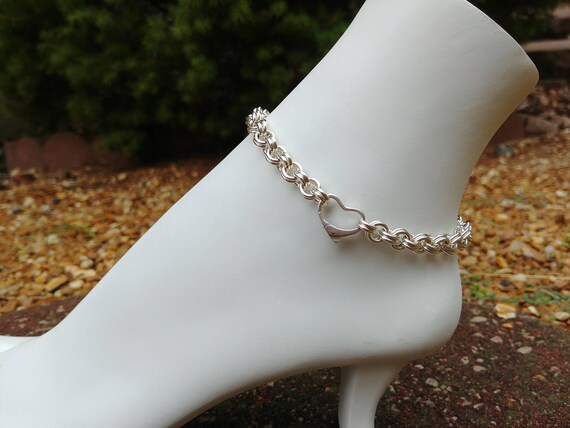 925 Sterling Silver Anklet with Floating Heart Clasp, Ankle Jewelry