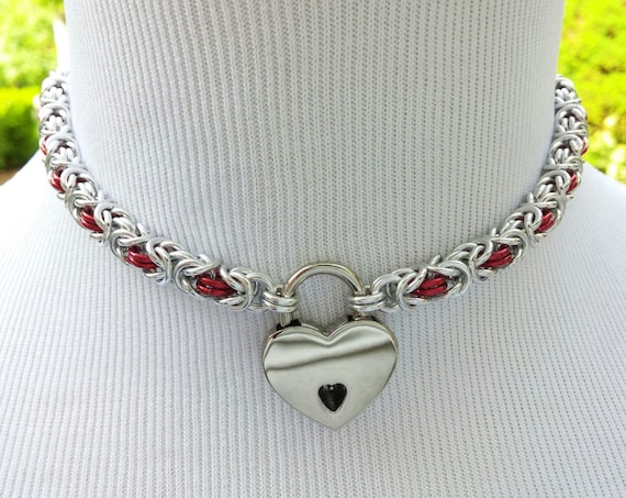 BDSM Discreet Day Collar, Submissive Locking Slave Collar, DDLG, Chainmaille Collar with Color Options, Small Heart Shaped Nickel Padlock