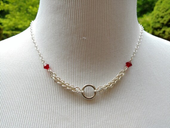 925 Sterling Silver Discreet Symbolic O Ring Necklace, BDSM Submissive Day Collar, DDLG, Eternal Love, Swarovski Crystal Color Options