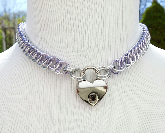 BDSM Discreet Day Collar, Submissive Locking Slave Collar, DDLG, Chainmaille Collar with Color Options, Small Heart Shaped Nickel Padlock